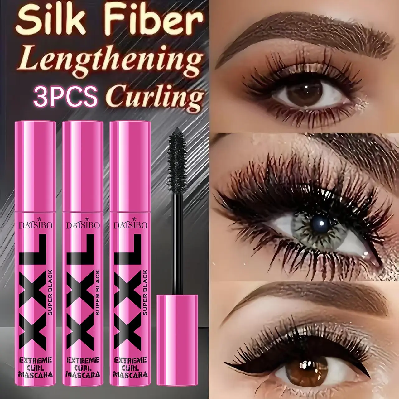 3-Pack Xxl Fluffy Lashes Mascara - Lengthening Voluminous Mascara, Extreme Length & Volume, Waterproof Long-Lasting 36 Hours, Smudgeproof Natural All-Day Wear