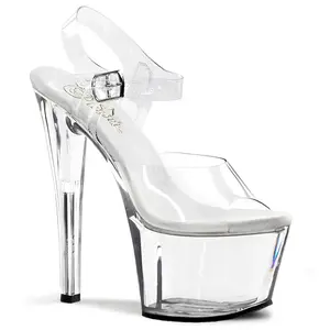 Pleaser SKY-308 Clear 7 Inch Heel Heeled Sandal for Women with Clear Plastic Design and Buckle Detail Fashionable & Elegant Platform Shoes