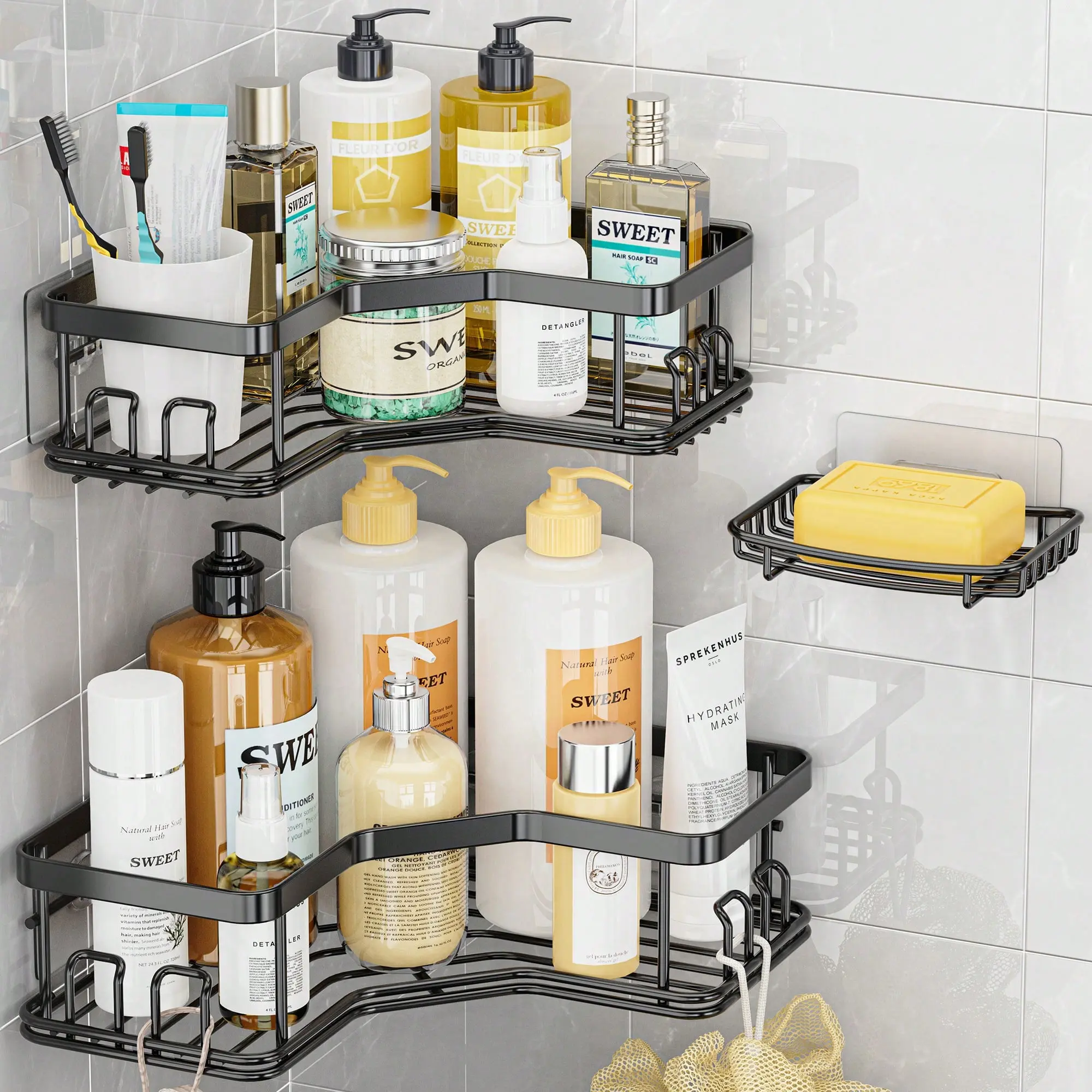 Shower Caddy,  Corner Bathroom,3 Pack  Bathroom  Organizers,Adhesive Stainless Steel Shower Organizer Shower Rack,   With 8 Hooks,Shower Shelves Storage Bathroom Organizers And Storage,Anti-Slip Design,Bathroom Accessories Water Proof Dark Green