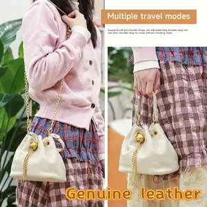 Genuine Leather Handbag for Women, Soft Calf Leather Handbag, Shoulder Strap and Crossbody Bag, Small Bucket Bag, Drawstring Closure, Solid Color, Minimalist Style, Lightweight, with Polyester Lining, for Women