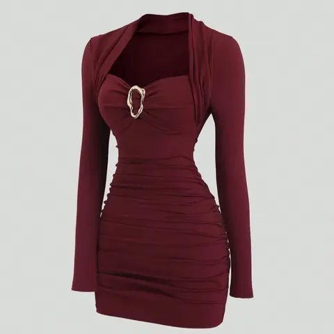 Elegant Party Cocktail Dress for, Autumn Winter, Wine, Metal Decorations, Slim Fit, Perfect for Christmas and Formal Occasions, Fitted Elegant Dress
