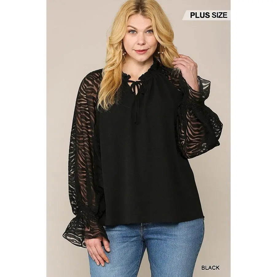 Women's Zebra Bubble Crepe Blouse - Nylon, Lightweight, Burnout Sleeves, Ruffled Neck, Flattering Fit, Day Wear, Elegant Design, Comfortable