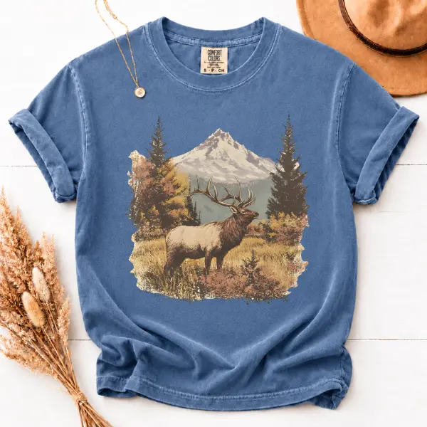 Comfort Colors T-Shirt Vintage Elk Mountain Graphic Tee, Wildlife Forest Outdoor Nature Design, Hunting Camping Adventure Unisex Shirt