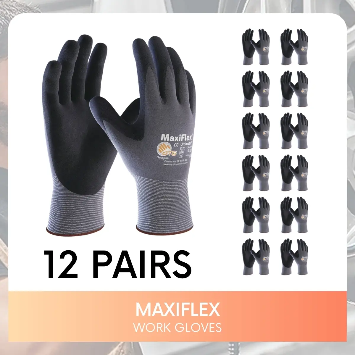 12 Pares | Maxiflex ATG 34-874 Ultimate - Negro/Gris - Guantes con Recubrimiento de Palma de Nitrilo Espuma Maxi Flex Ultimate 34874 Guantes con Recubrimiento de Palma de Nitrilo Espuma, Gris, Tallas (M, L, XL), Guantes MaxiFlex