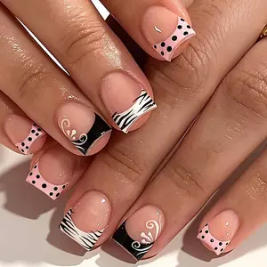 24pcs Short Ballerina Nails, Textured Leopard Print French Tips, Cute Fake Nails for Women & Girls, Festive & All-Year Round, Jelly Glue Included, Press On Sets