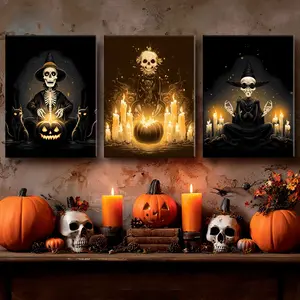 3 Counts Wooden Framed Canvas, Funny Pumpkin Magic Skeleton, Halloween Home Poster, Halloween Party Decorations, Living Room And Bedroom Hanging Paintings, Horror Theme, Interesting Posters, Exquisite Gifts, High-Definition Art