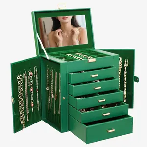 Box For women, 6 Layer Large  Organizer With Mirror, Multi-Function Storage Box With Lock, Necklace Holder With 5 Drawers, For Earrings Necklace Bracelet (Green and )