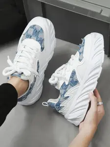 Men's Retro Denim Patchwork Letter Thick Sole Sneakers, Fashion High-Heel Platform Shoes, Breathable Mesh Comfort Casual Sports Shoes
