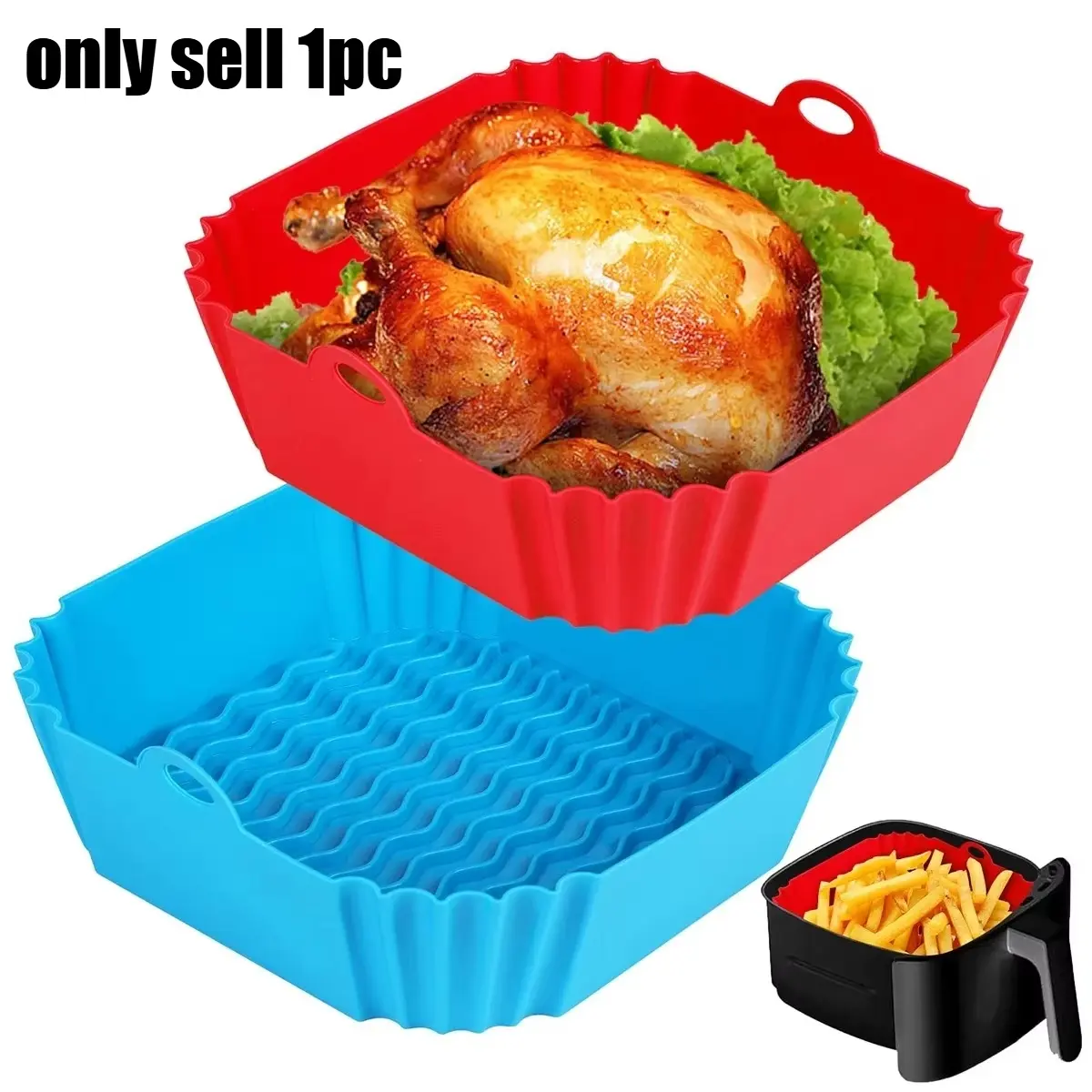 1-Pack Square Silicone Air Fryer Pot, Food-Safe Reusable Airfryer Basket Tray, Oven Baking Mold Pan, Kitchen Cooking Accessory