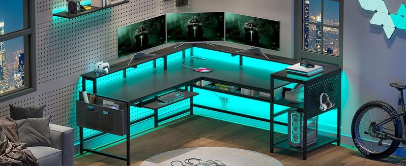 Sikaic L Shaped Reversible LED Gaming Desk with Power Outlets Strip Monitor Shelf Keyboard Tray Pegboard and Storage Shelves
