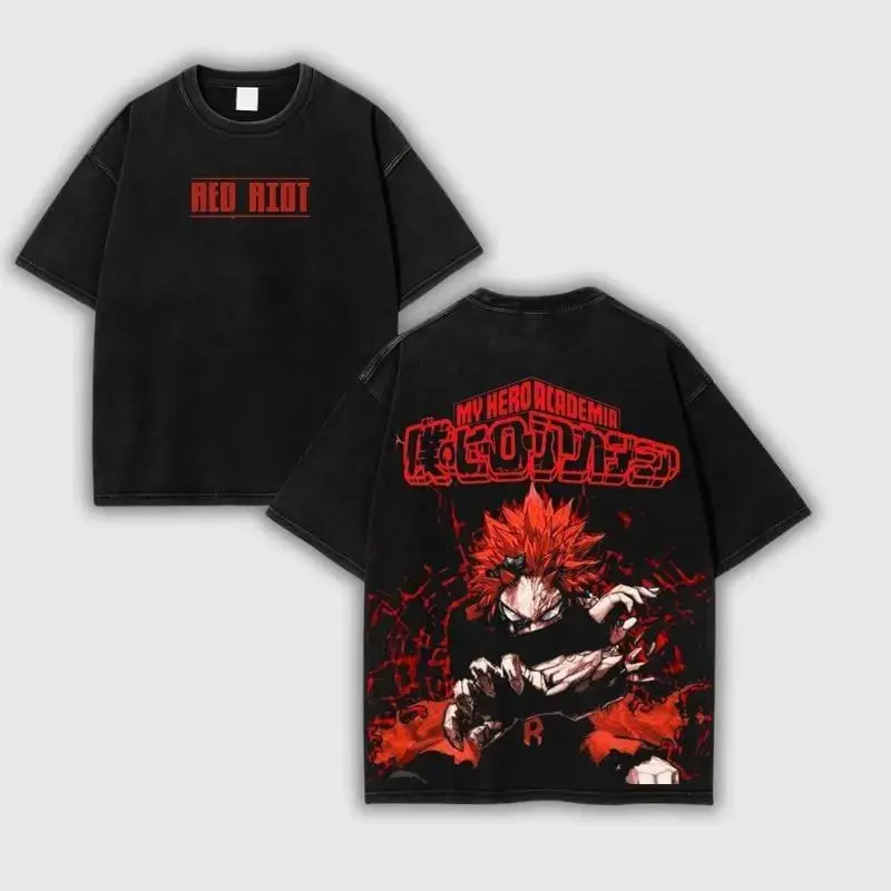 Eijiro Kirishima Red Riot Oversized Tee – My Hero Academia-Inspired Acid Washed Heavyweight Cotton, Double Printed Hardening Quirk Graphic, Bold Hero Streetwear for Anime & Shonen Fans