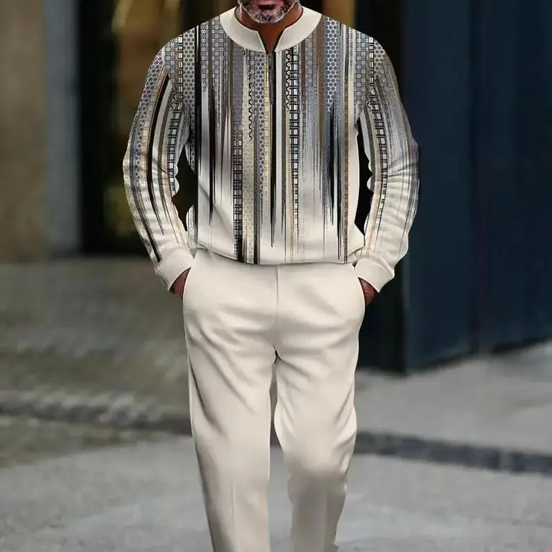 Men's Fashion Casual Zipper Stand Collar Long Sleeve Hoodie & Pants Set in Light Blue with White Stripes and Navy Blue Bottoms Men's Fashion Casual Zipper Stand Collar Long Sleeve Hoodie & Pants Set in Light Blue with White Stripes and Navy Blue Bottoms