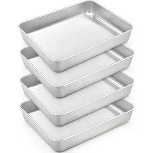 Rectangular Cake Pan, 10.5" x 8" x 2" Stainless Steel Baking Lasagna Cake Pan, Non-toxic & heavy-duty, brushed surface & deep sides, easy to clean & dishwasher safe – set of 4