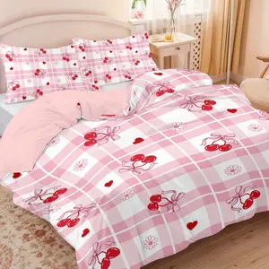 3pcs (1 duvet cover + 2 pillowcases, no filling) Sweet pink plaid cherry and heart print duvet cover set, soft and comfortable bedding set, suitable for room decor, suitable for all seasons, perfect as a gift, a must-have for girls.