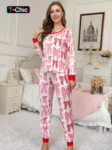 2-piece women's full body graffiti pink bow pattern printed long sleeved pants soft and comfortable round neck top elastic waistband bow decoration suitable for all seasons home casual wear pajamas Pajama Set
