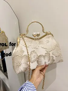 Women's Elegant Flower Embroidering Handbag, Fashionable Chain Strap Crossbody Bag for Daily Used, Casual Trendy Versatile High-quality Daily Commuting Bag, Elegant Commuter Bag, Elegant Bags