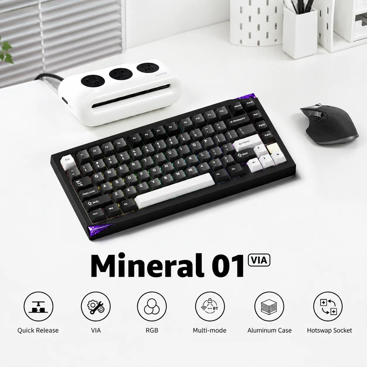 Akko Mineral 01 VIA Aluminum Mechanical Keyboard Curved Frame Tri-Mode RGB Hot-swappable Wireless Gaming Keyboard, Black and Silver, Pre-lubed linear Switch