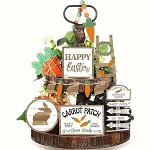 Easter Themed Tiered Tray Decoration without Tray, 12pcs/set Wooden Carrot & Letter & Egg & Rabbit Ornament, Home Decor for Living Room & Office & Farmhouse