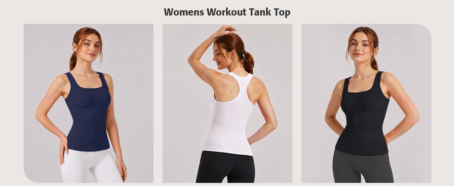 ATTRACO  Ribflex Tank Tops With Built-in Removable Bra Square Neck Female Yoga Athlete  SlimFit Seamless Built-in Bra Workout Tank Top
