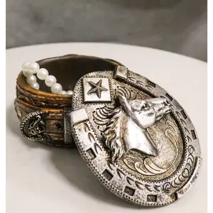 Rustic Western Horseshoe With Horse Scrollwork Concho Buckle Jewelry Trinket Box
