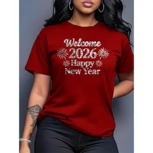 Women's New Year Short Sleeve Top Imitation Sequins "Goodbye 2025 Hello 2026" Fireworks Print Round Neck Machine Washable Comfortable Soft Breathable Suitable for Spring Summer and Autumn Loose Casual Fashion Commuting Daily Simple Versatile Women's Top