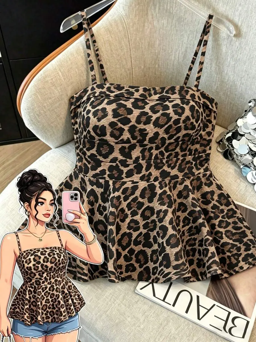 Elenzga Large-Sized Woven Elegant Summer Women's Halter Tops And Vests Cheetah Animal Print Leopard Tops For Women Sexy Cami Tops