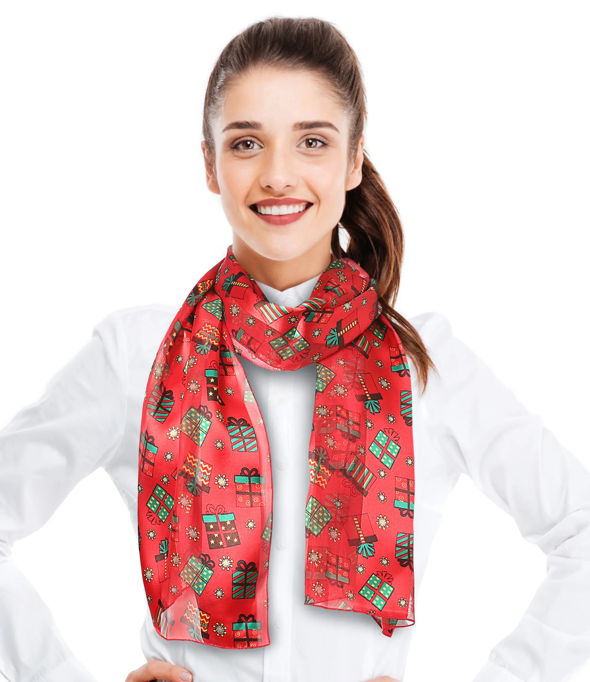 CBC Crown Women's Lightweight Christmas Print Rectangular Scarf - Soft Silk-Feeling Polyester, Festive Red Fashion Accessory, 13"x60", Hand Wash, Casual Gift, 13" X 60"
