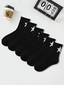 Women's 6 Pairs Star Print Crew Socks, Mid-calf Socks, Ribbed Knit Mid Tube Socks, Multi-pack Mid Tube Socks for Women, Women's Socks & Hosiery