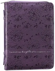 Bible Cover Medium Size, Purple Floral LuxLeather, I can do all things through Christ