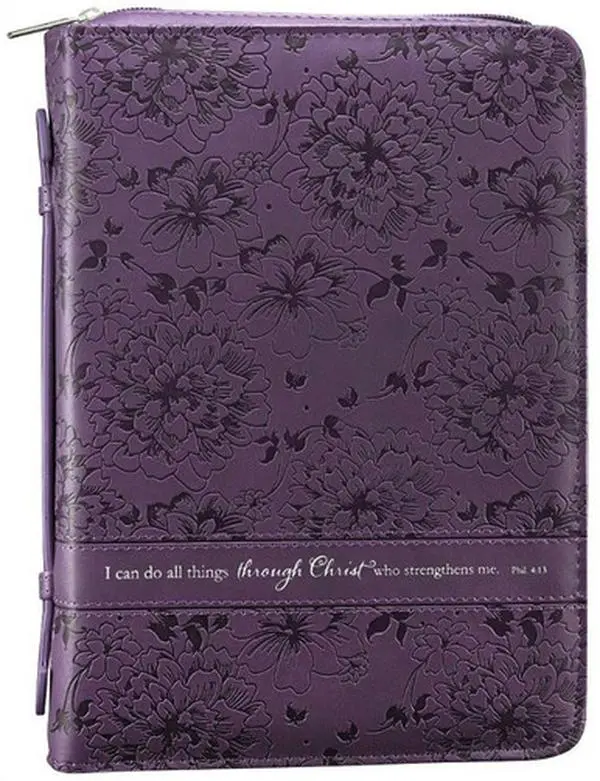 Medium-Size Purple Floral Quality LuxLeather Bible Cover, Man-Made Material, Engraved Cross, 2 Pen Loops Inside, Philippians Verse "I Can Do All Things Through Christ"