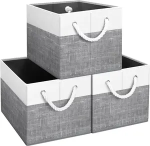 3-Pack Fab totes Storage Bins , Foldable Storage Baskets for Organizing Toys, Books, Shelves, Closet, Large Storage Box with Rope Handles, Sturdy Organizer Bins, White & Grey