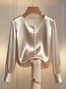 Women's Champagne Satin Shirt Blouse, Pearl Button Detail, Long Sleeve Bubble Sleeves, Elegant Round Neck Top, Stylish Women's Clothing