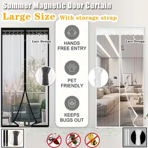 Large Magnetic Door Curtain, No Drill Installation, / Lace Design, Automatic Magnet, Mosquito Barrier for Living Room Bedroom Balcony