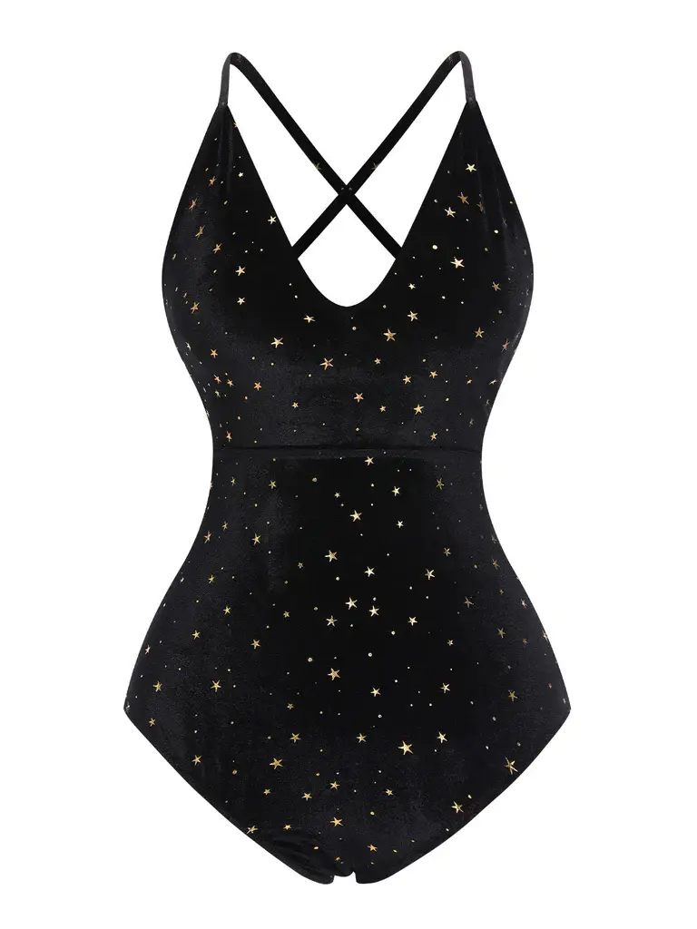Black 1960s Velvet Star Back Cross Straps Swimsuit Halter Bathing Suit, Velvet Materialsummer outfits beach essentials vacation outfits Chic Swimwear