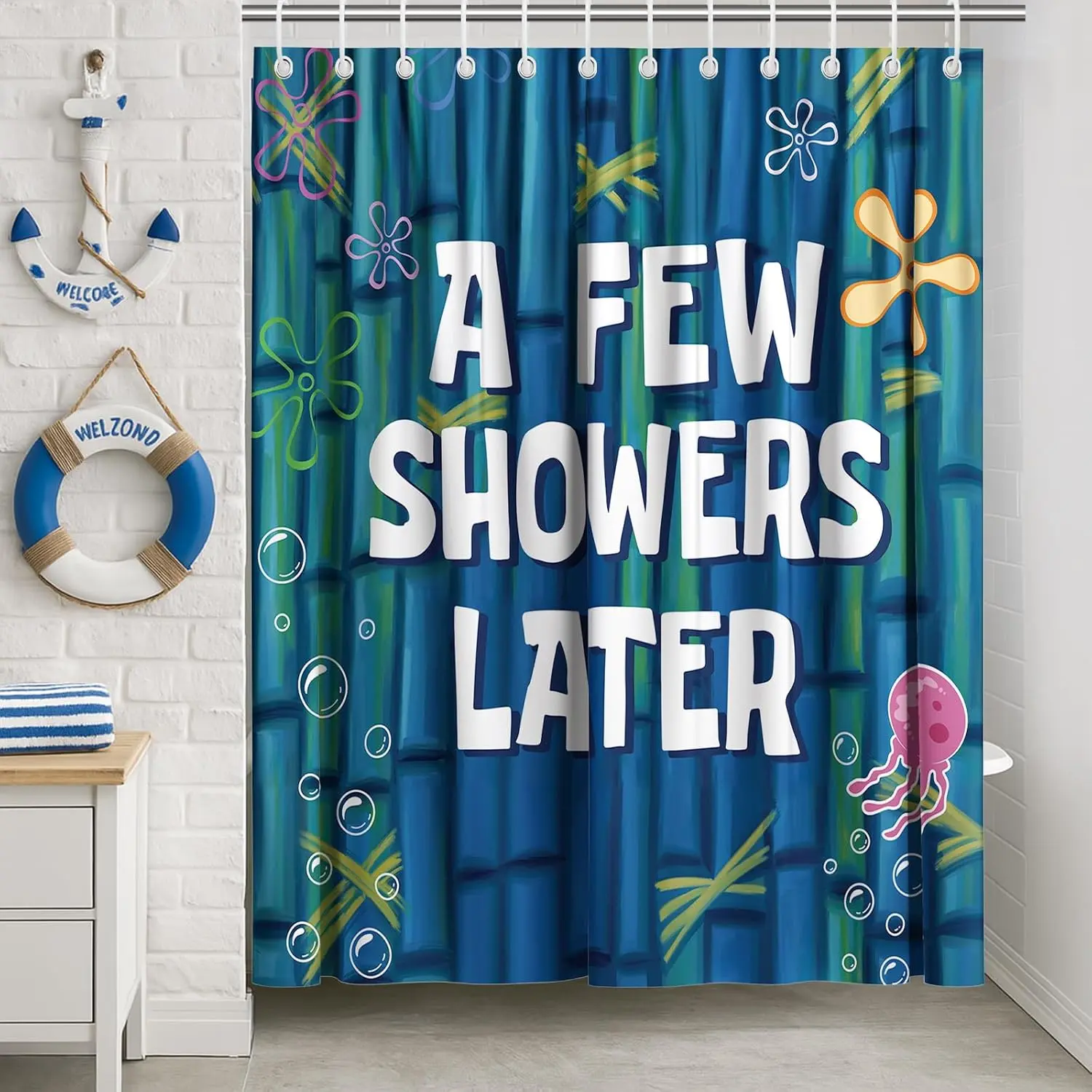 [Mother's Day Gift] Funny Ocean Shower Curtain with Hooks, Cute Cartoon Blue Sea Bathroom Decor, Waterproof Polyester Fabric for Women, Girls, and Humor Lovers