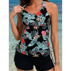 Women'S Tropical Floral Print Tankini Swimsuit Set, Backless Crisscross Back Top And Men'S Shorts Swimsuit, Suitable Beach, And Vacation Travel