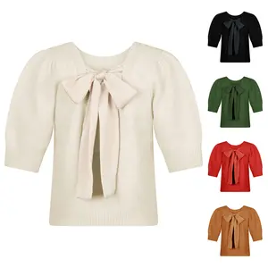 Naeduo Women's Bubble Short Sleeve Knit Jumper | Cozy Soft Ribbed Fabric  Bow Tie Detail | Preppy Casual Tops, Date Night Outfit, Spring