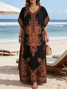 Women's Middle Eastern Muslim Robe, Summer Casual V-Neck Bohemian Dress, Beach Vacation Wear, Daily Home, Kaftan Dresses, 1 Piece
