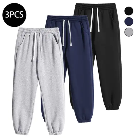 Men's Baggy Fleece-Lined Solid Color Drawstring Waist Sweatpants - Autumn-Winter Athleisure Casual Warm-Up Lounge Bottoms, Relaxed-Fit Athletic Joggers with Ankle Strap, Male Clothing