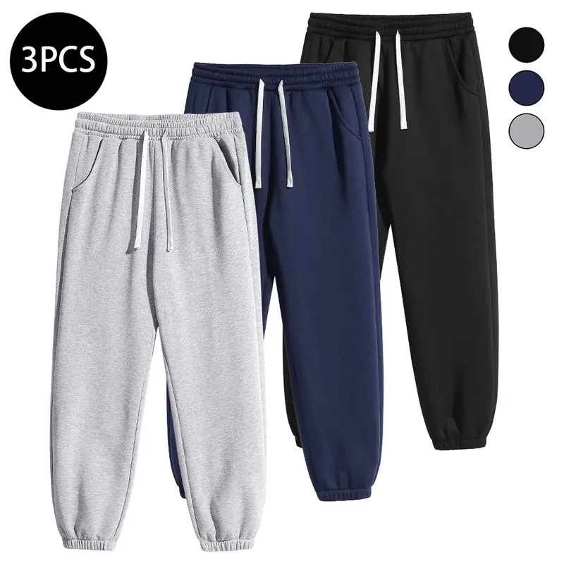 Men's Baggy Fleece-Lined Solid Color Drawstring Waist Sweatpants - Autumn-Winter Athleisure Casual Warm-Up Lounge Bottoms, Relaxed-Fit Athletic Joggers with Ankle Strap, Male Clothing
