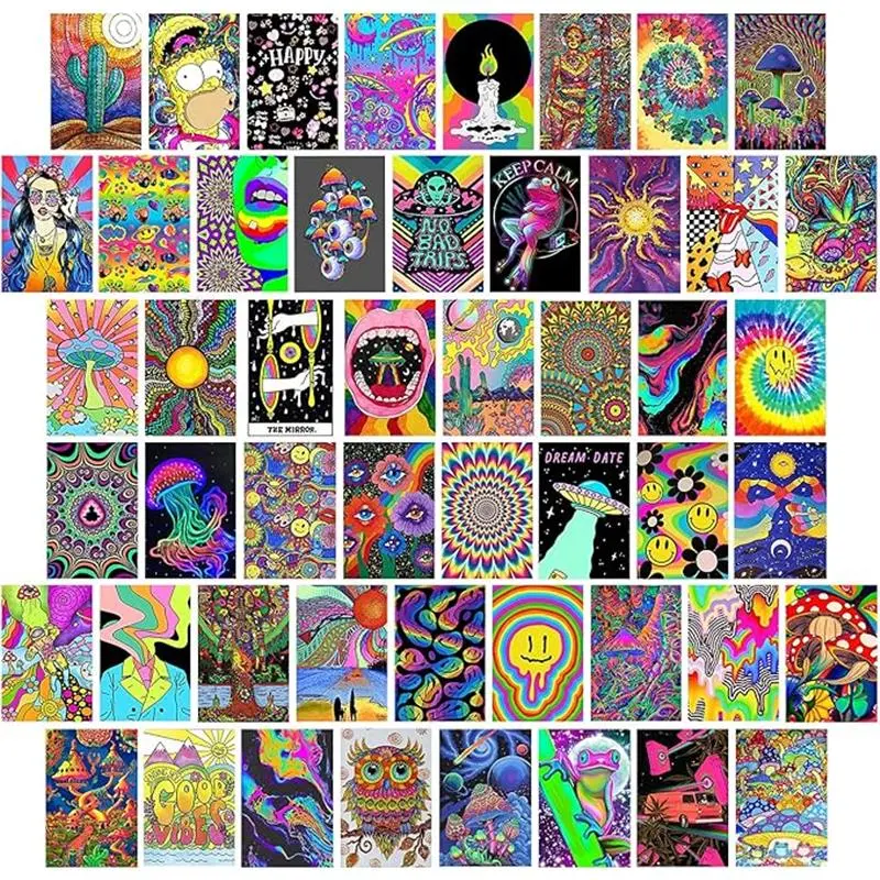 Indie Hippie Trippy Posters, Indie Room Decor, Teen Bedroom Dorm Aesthetic Poster, Photo Wall Collage Kit Pictures, Psychedelic Posters, 50PCS 4X6 INCH