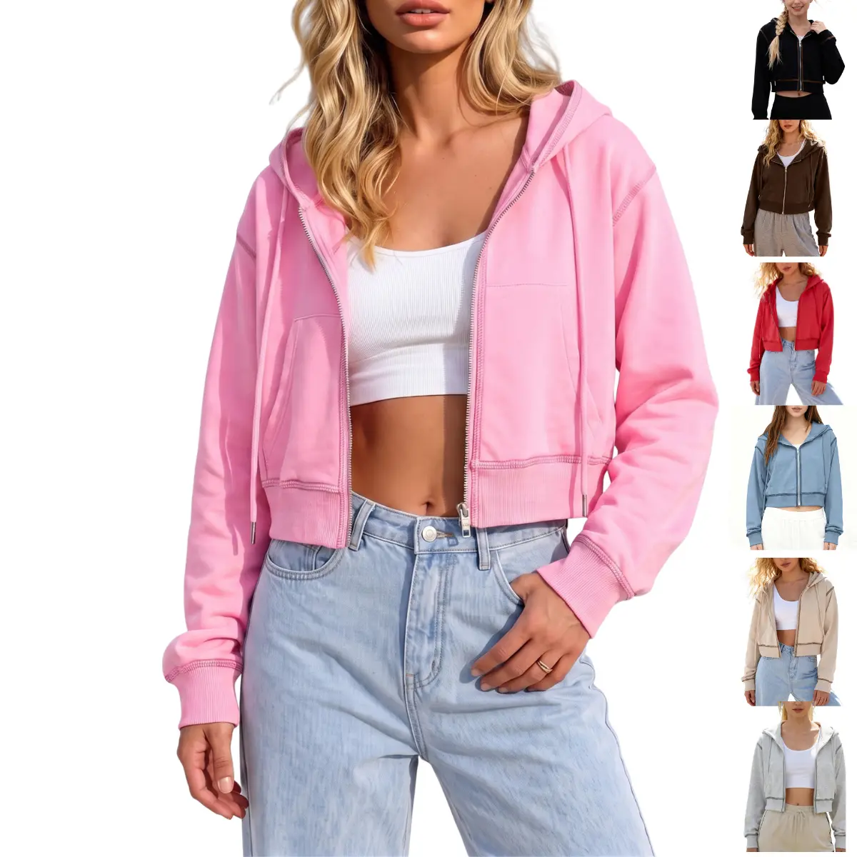 SCUSTY Womens Hoodie Crop Zip Up Casual Jacket Long Sleeve Hooded Jacket with Pocket