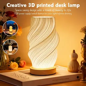 1pc 3D Printed Lamp with Wooden Base, Elegant Night Light, USB Powered Three Color Adjustable Lamp, Decorative Table Lamp for Bedroom, Living Room, Dorm, Office, Adjustable Lighting
