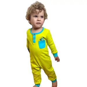 Organic Cotton Baby Romper Lime Green with Turquoise Trim Monster Pocket Design Unisex Long Sleeve Onesie