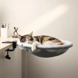 Adjustable Cat Bed, Submerged Design Cat Hammock, Supports Up to 50 Lbs, Durable Metal Frame with Safety Clips, Detachable Rabbit Fur Cover
