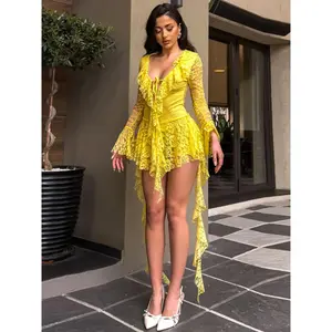 Women's Fashion Y2K Lace Bow Tie Flounce Sleeve Dress, Trendy Comfortable Fitted Long Sleeve, Stylish Ladies' Clothing Formal Wear Womenswear