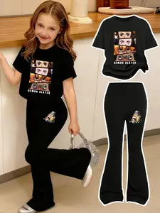 "Demon Slayer" Girl Cartoon Print Set, Round Neck Short Sleeve Fitted T-Shirt & Bell Bottom Flared Pants, Comfortable Elastic Waist, Spring Summer Casual Wear
