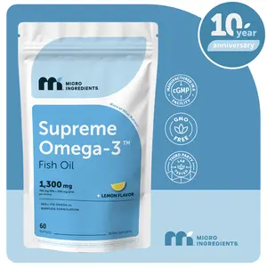 Micro Ingredients Supreme Omega-3 Fish Oil w/Ultra High EPA & DHA, Burpless Softgels | rTG Omega-3 with Vitamin D3 | Wild-Caught Cold Deep-Sea Water | Lemon Flavor, Easy to Swallow