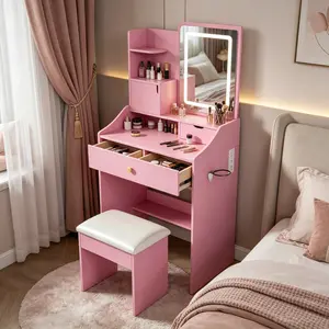 Pink Adjustable Light Dressing Table with 2 Drawers & 5 Storage Cabinets for Bedroom