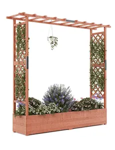 Gaomon 79"x17"x72" Wooden Elevated Garden Bed, Climbing Planting Stand, Elevated Planting Boxes with Side Trellis, Hanging Roof and 4 Drainage Holes for Vine Climbing Plants